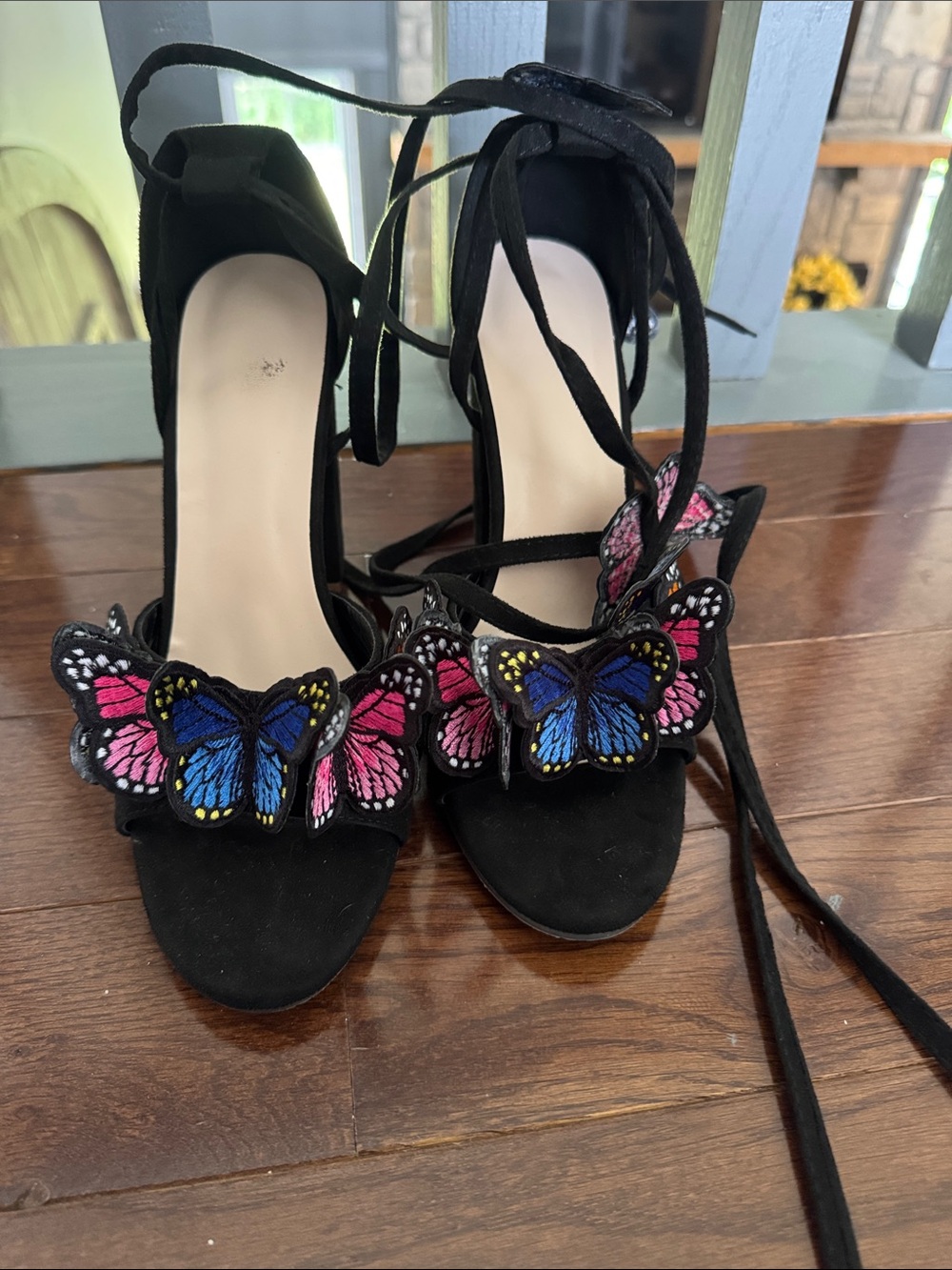 Black Butterfly Embroidered Lace-Up Heels